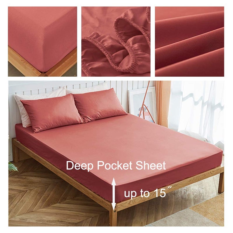 mixinni Luxury Solid Coral Fitted Sheet Ultra Soft Long Staple Natural Cotton Bed Sheet Set 15" Deep Pocket King Size-1 Fitted Sheet+2 Pillowcases - Image 5